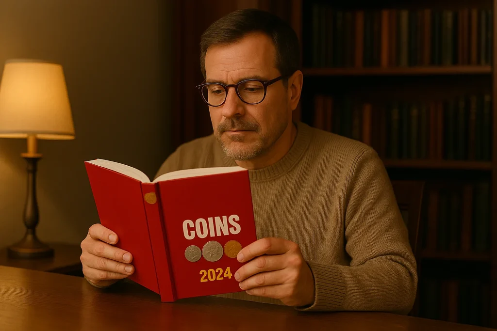 A middle-aged man reads the Red Book of U.S. Coins in a cozy study, deepening his numismatic knowledge
