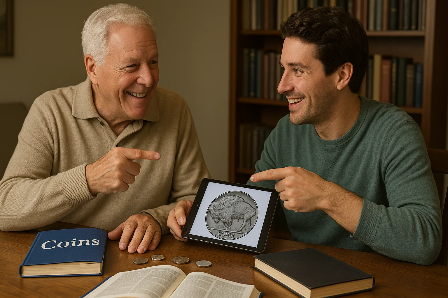 An elderly man and a younger collector smile and discuss a rare coin find, comparing notes using books and a tablet with identification app.