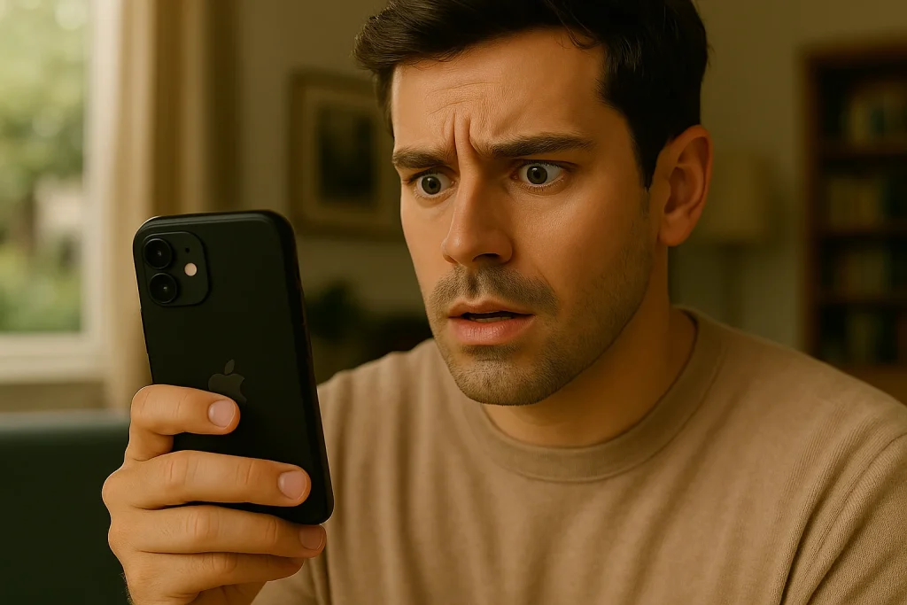 A young man looks surprised and slightly concerned while reading about the "MCM Client" app on his smartphone.