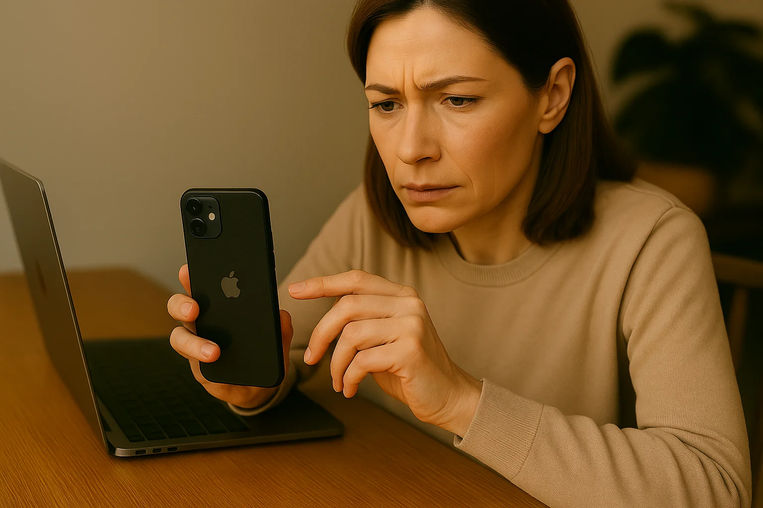 A woman in her 30s sits at a desk with her laptop, carefully reviewing app permissions on her phone with a focused expression.