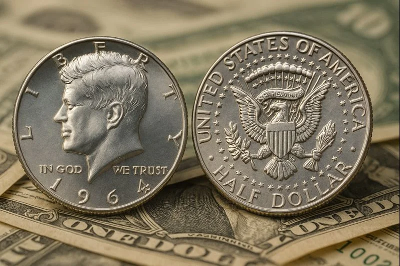 A pair of Kennedy half dollars is displayed on U.S. banknotes, showing clear obverse and reverse details that highlight the design features collectors examine.