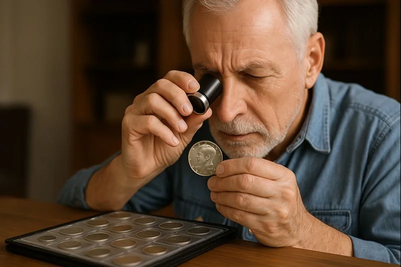 An experienced collector studies a Kennedy half dollar through a loupe, focusing on strike quality and surface preservation.