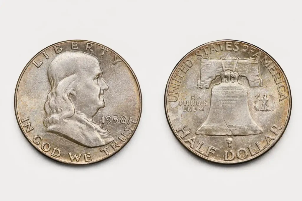 Obverse and reverse of a 1958 Franklin half dollar on a white background.