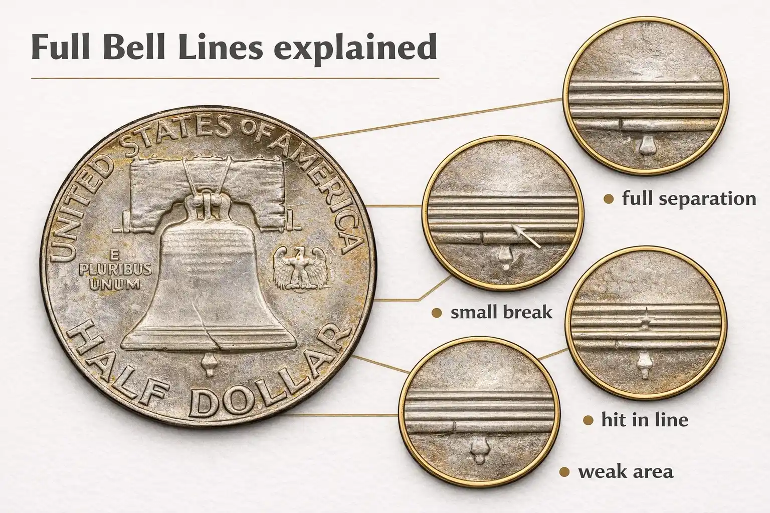 Infographic showing Full Bell Lines examples on a 1958 Franklin half dollar reverse.